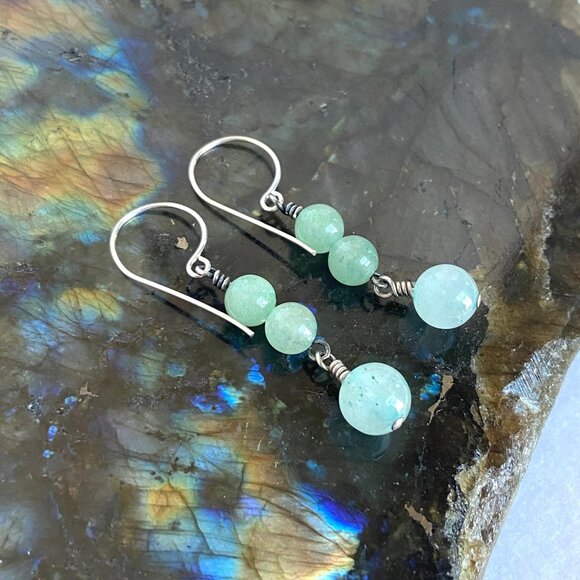 Sterling Silver 925 Round Green Aventurine Beaded Dangle Drop Earrings - Picture 8 of 16